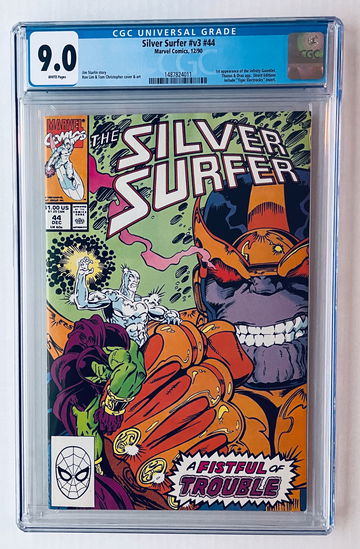 Silver Surfer #44 CGC 9.0 st App Infinity Gauntlet. Thanos & Drax app.