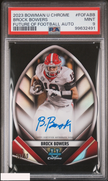 2023 BOWMAN UNIVERSITY CHROME FUTURE OF FOOTBALL AUTO BROCK BOWERS OF 50 PSA 9