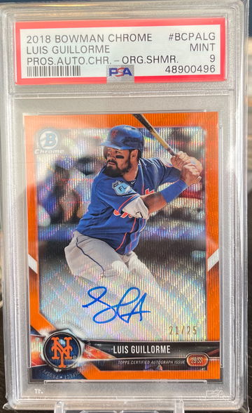Luis Guillorme 2018 Bowman Chrome prospect Auto PSA 9 Orange Wave /25