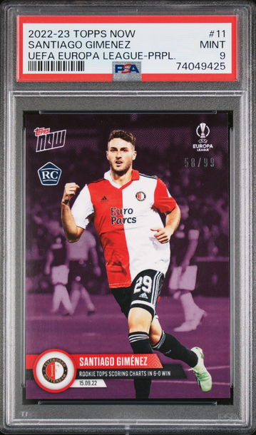 2022-23 TOPPS NOW UEFA EUROPA LEAGUE SANTIAGO GIMENEZ 11 PURPLE PSA 9