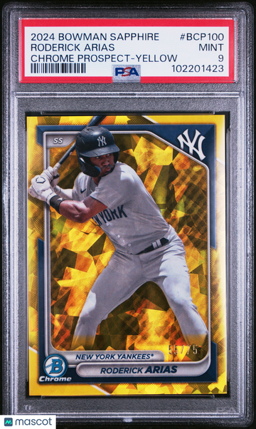 2024 Bowman Sapphire Edition Chrome Prospects Roderick Arias #BCP100 Yellow /75 PSA 9