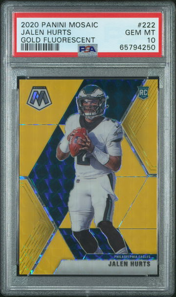 2020 Panini Mosaic Jalen Hurts RC GOLD Fluorescent #/20 PSA 10