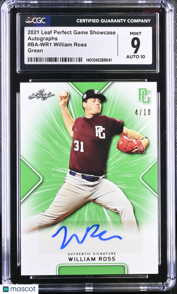 2021 Leaf Perfect Game Showcase William Ross #BA-WR1 Green Autographs CGC 9 Auto 10