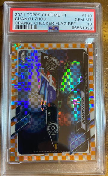 2021 TOPPS CHROME F1 GUANYU ZHOU #119 ORANGE CHECKER FLAG REFRACTOR SP /25 PSA 10 GEM MINT