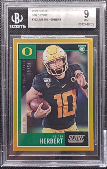 2020 Score Gold Zone Justin Herbert Rookie Serial #/50 #362 BGS 9 Mint (Rare)