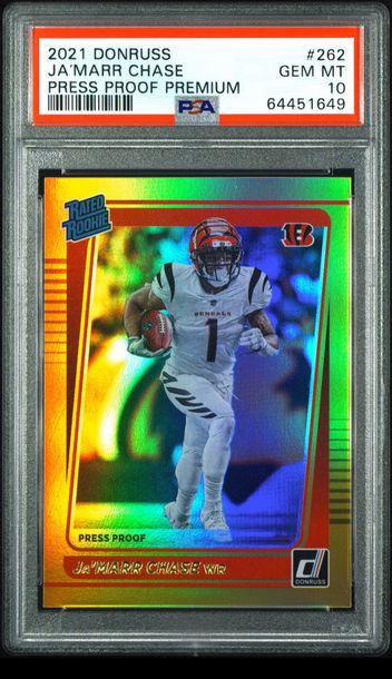 💎🧨 2021 Donruss JA'MARR CHASE Press Proof Premium Gold Holo PSA 10 RC  🏈🦁