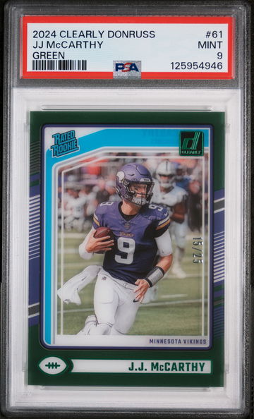 2024 Panini Clearly Donruss Green JJ Mccarthy #61 /25 PSA 9