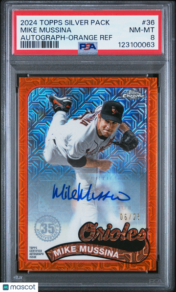 2024 Topps Silver Pack 1989 Chrome Promo Mike Mussina #36 Autograph Orange Ref /25 PSA 8