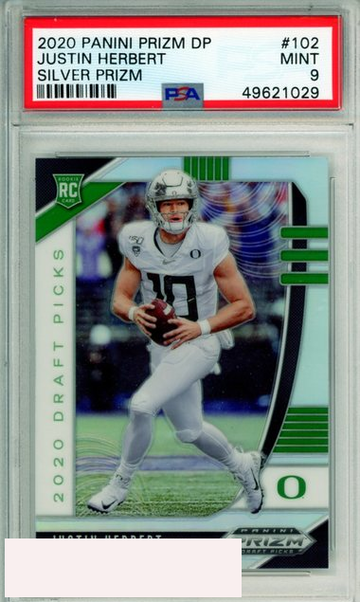 2020 PANINI PRIZM DRAFT PICKS JUSTIN HERBERT #102 SILVER ROOKIE PRIZM PSA 9 MINT