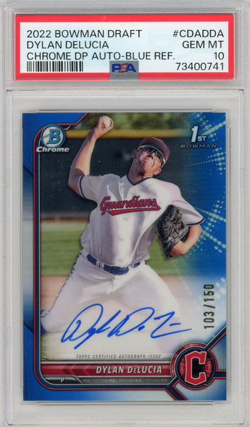 2022 Bowman Draft Chrome Dylan DeLucia Auto Blue Refractor #'d /150 PSA 10 GEM MINT Guardians