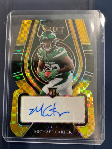 Michael Carter 2021 Panini Select Lot. Gold die cut 3/10 rookie autograph and blue field level 48/49 RCs!,