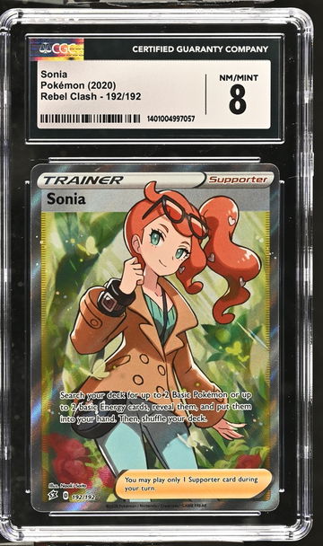 2020 Pokémon Sword & Shield Rebel Clash Full Art Trainer Sonia #192/192 CGC 8