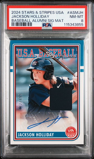 2024 Stars & Stripes #ASM-JH Jackson Holliday Baseball Alumni Sig Mat /199 PSA 8