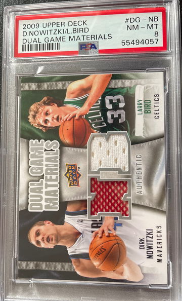 Larry Bird Dirk Nowitzki 2009 Upper Deck Dual Game Materials jersey PSA 8 NM-MT low pop