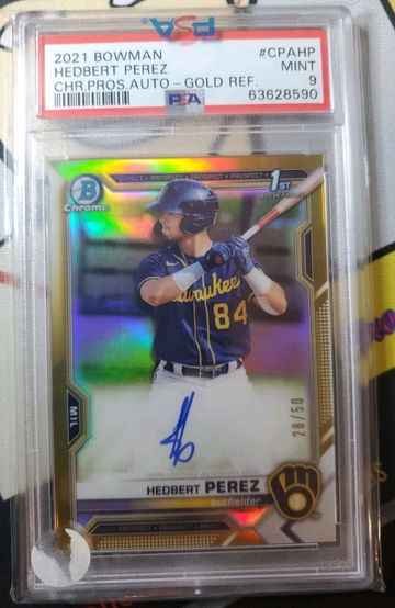 Hedbert Perez 2021 Bowman Chrome 1st Prospect GOLD 1st Auto /50 PSA 9