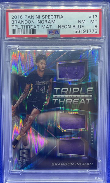 Brandon Ingram 2016 Panini Spectra Triple Threat Patch Blue /99 RC PSA 8 Pop 1