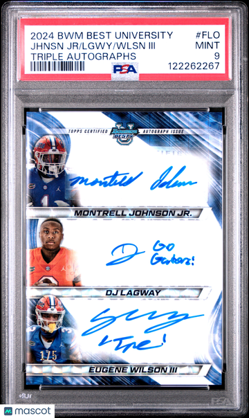 2024 Bowman Best University Triple Autographs Wlsn III Lgwy Jhnsn JR #FLO White Geometric /5 PSA 9 Topps
