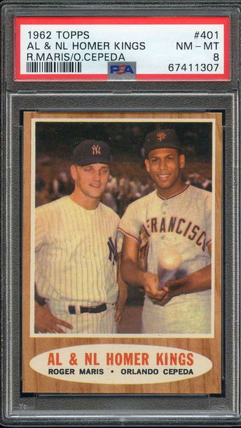 1962 TOPPS #401 ROGER MARIS/ORLANDO CEPEDA AL & NL HOMER KINGS PSA 8 HOF