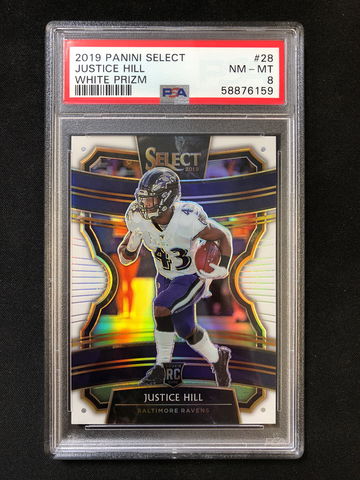 2019 Panini Select - Justice Hill - Rookie Concourse White Prizm SSP /35 PSA 8