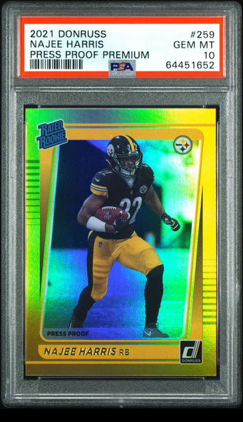 💎🧨 2021 Donruss NAJEE HARRIS Press Proof Premium Gold Holo PSA 10 RC 🏈🦁