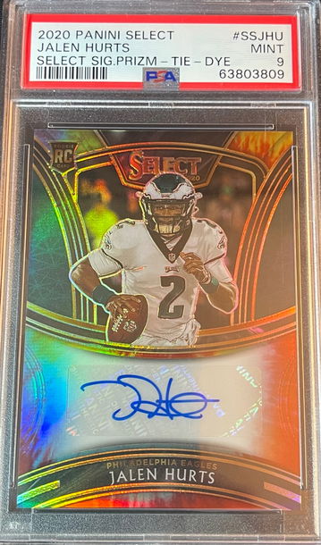 2020 Select Jalen Hurts Rookie Auto Tie Dye /15 PSA 9 Jersey Number 1