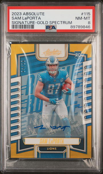 2023 Panini Absolute Signature-Gold Spectrum Sam Laporta #115 /99 PSA 8