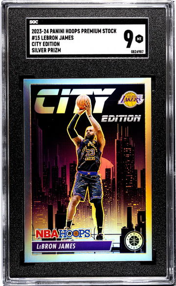 2023-24 Panini Hoops Premium Stock #15 Lebron James City Ed. Silver Prizm SGC 9