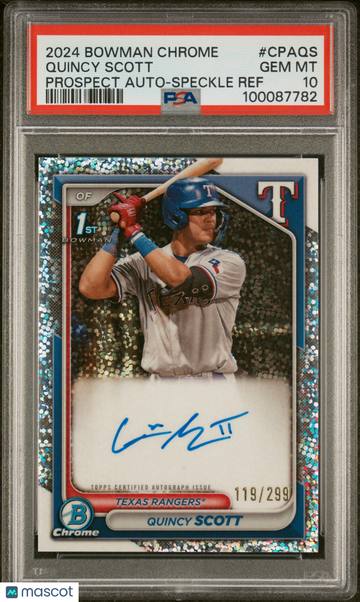 2024 Bowman Chrome Prospect Autographs Quincy Scott #CPAQS Speckle Ref /299 PSA 10
