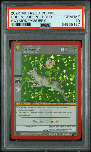 💎🤑 2022 Metazoo Promo GREEN GOBLIN 😈-FULL HOLO PAYMONEYWUBBY 💵🌲 PSA 10 👻