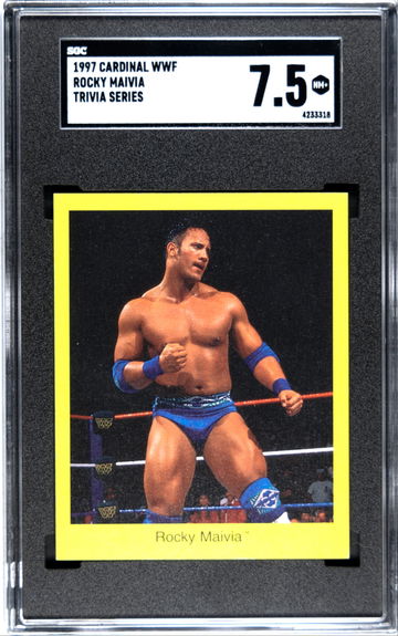 The Rock Rocky Mavia 1997 Cardinal RC Rookie Card WWF SGC 7.5