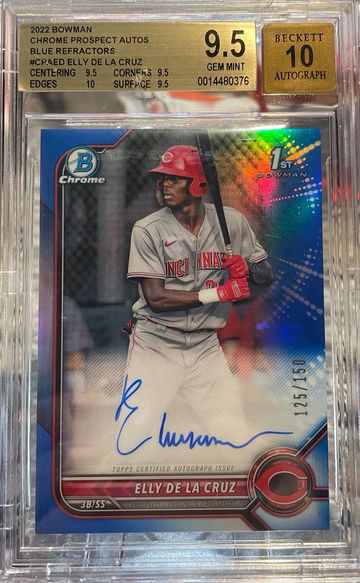 2022 BOWMAN CHROME PROSPECTS TRUE BLUE REFRACTORS ELLY DE LA CRUZ AUTO RC /150 BGS 9.5 TRUE GEM POP 6!