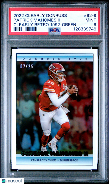 2022 Panini Clearly Donruss Clearly Retro 1992 Patrick Mahomes II #92-9 Green /25 PSA 9