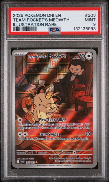 2025 Pokemon Scarlet and Violet Destined Rivals Illustration Rare Team Rocket's Meowth #203 PSA 9