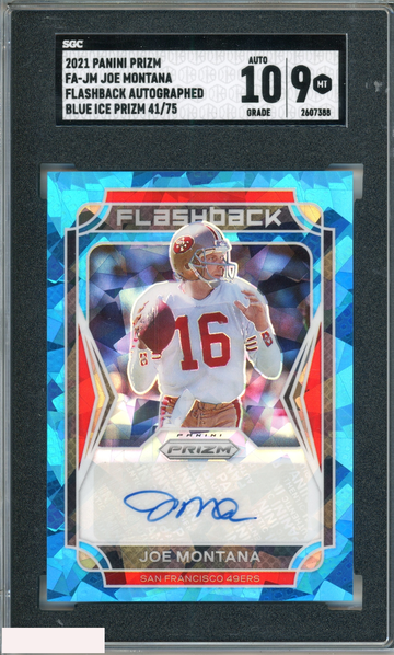 2021 PANINI PRIZM FLASHBACK AUTOGRAPH JOE MONTANA #FA-JM BLUE ICE 41 OF 75 SGC 9