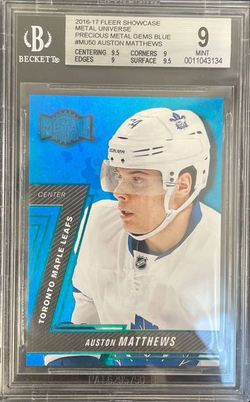 Auston Matthews 2016-17 Fleer Showcase Blue Precious Metal Gems 05/50 Rookie RC #MU50 BGS 9 STRONG SUBS