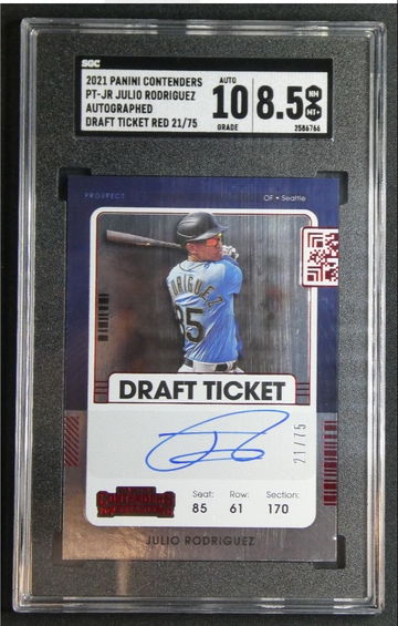 2021 Panini Contenders PT-JR Julio Rodriguez Autographed Draft Ticket Red /75 SGC 8.5 NM-MT+