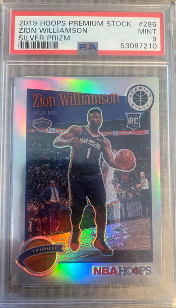 2019 hoops premium stock Zion Williamson silver Prizm psa 9 mint tribute 