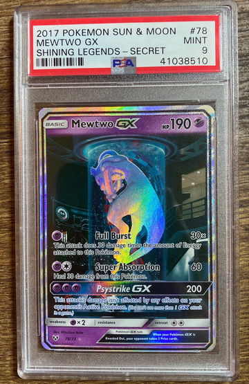 2017 POKEMON SUN & MOON SHINING LEGENDS MEWTWO GX SECRET RARE 78/73 PSA 9 MINT