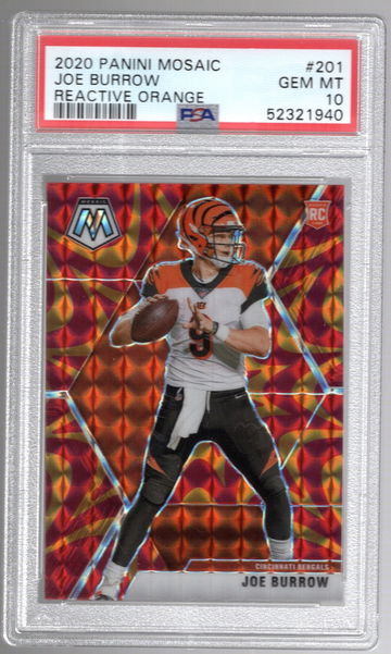 2020 Panini Mosaic Joe Burrow Reactive Orange Prizms PSA 10 RC