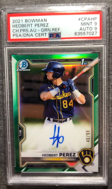2021 Bowman Chrome Green Refractor Auto Hedbert Perez /99 PSA 9
