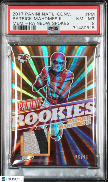 2017 Panini National Convention Memorabilia Patrick Mahomes II #PM Mem. Rainbow Spokes /25 PSA 8