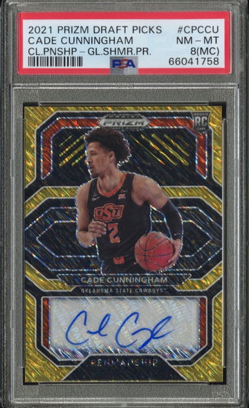 2021-22 Panini Prizm Draft Cade Cunningham RC Gold Shimmer Auto 7/10 PSA 8 NM-MT