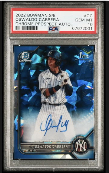 2022 Oswaldo Cabrera RC 1st Bowman Chrome Blue Sapphire Auto PSA 10 GEM 