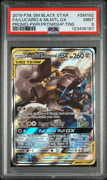 2016 Pokemon Sun and Moon Black Star Power Partnership Tins Promo Lucario/Melmetal Gx #SM192 PSA 9