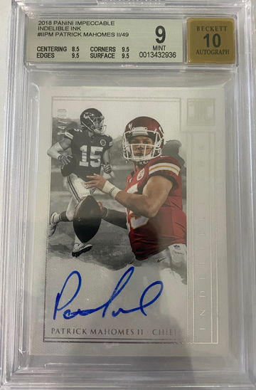 2018 Patrick mahomes impeccable on card auto /49 BGS 9 9.5 sub grades