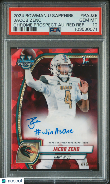 2024 Bowman University Chrome Bowman Chrome Sapphire Autographs Jacob Zeno #PAJZE Red Ref PSA 10