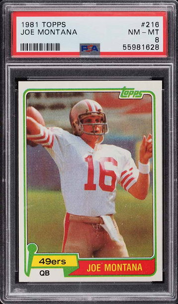 1981 TOPPS FOOTBALL JOE MONTANA ROOKIE RC #216 PSA 8 NM-MT