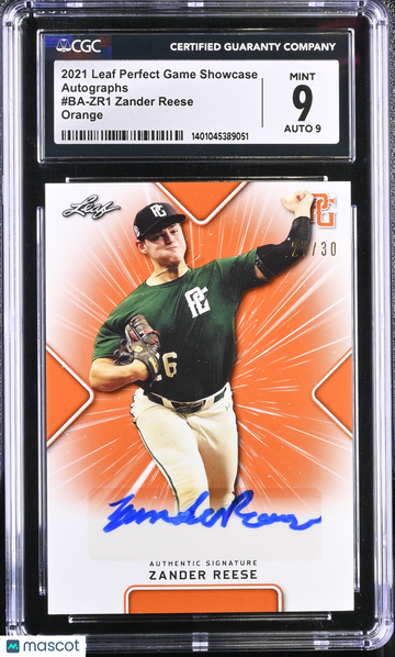 2021 Leaf Perfect Game Showcase Zander Reese #BA-ZR1 Orange Autographs CGC 9 Auto 9