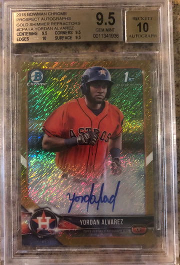 2018 Bowman Chrome Yordan Alvarez Rookie RC Auto Gold Shimmer Refractor BGS 9.5 + 10 Auto & 10 Edges 