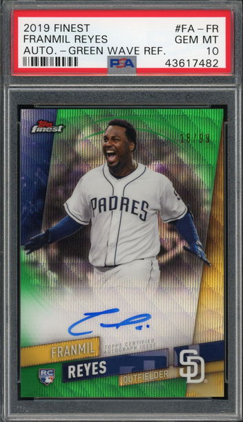 Topps Finest Franmil Reyes Padres Indians Green Wave REFRACTOR ROOKIE ON-CARD Auto /99 PSA 10